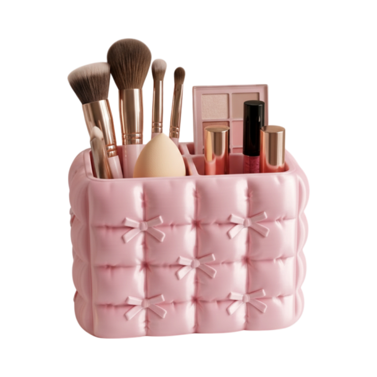 Aesthetic Quilted Bow Makeup Organizer Brush Holder