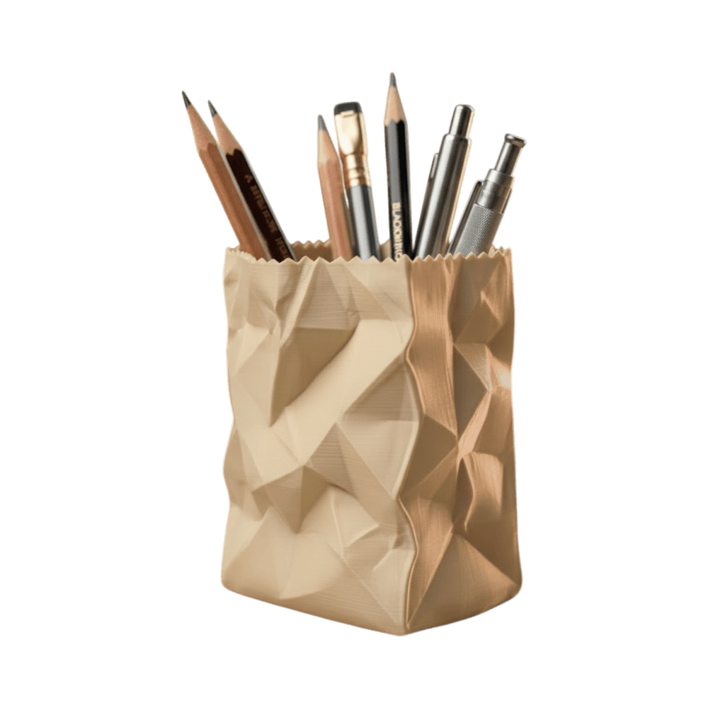 Crumpled Paper Bag Pen Holder - Desk Organizer, three-quarter left view