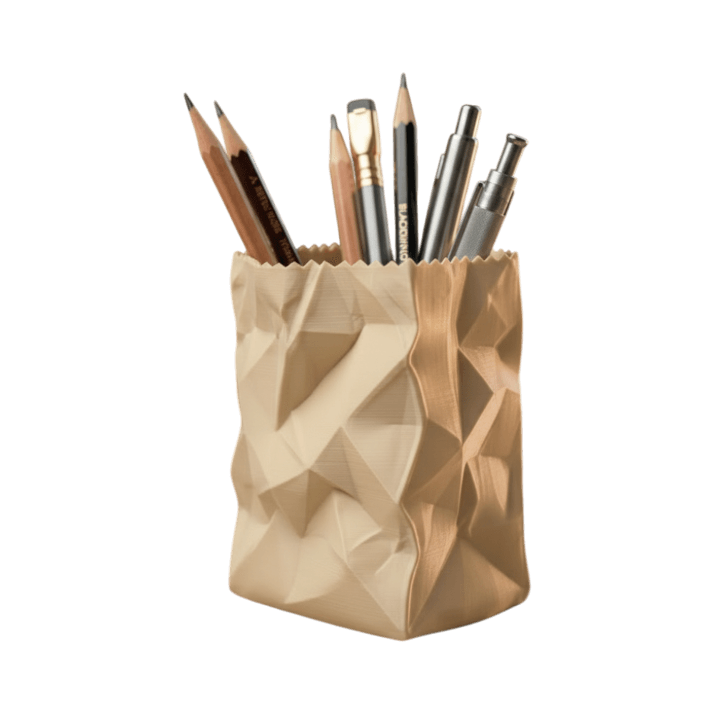 Crumpled Paper Bag Pen Holder - Desk Organizer, three-quarter right view