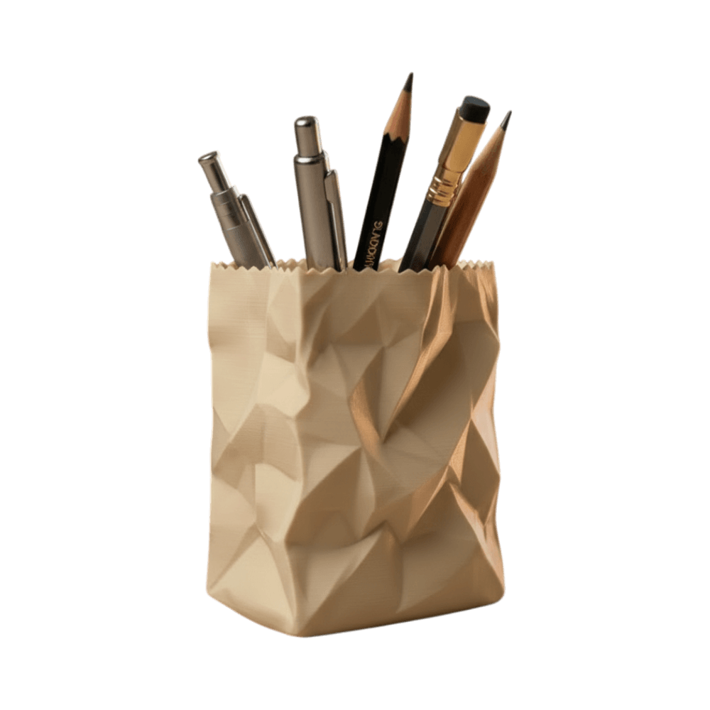 Crumpled Paper Bag Pen Holder - Desk Organizer, back view