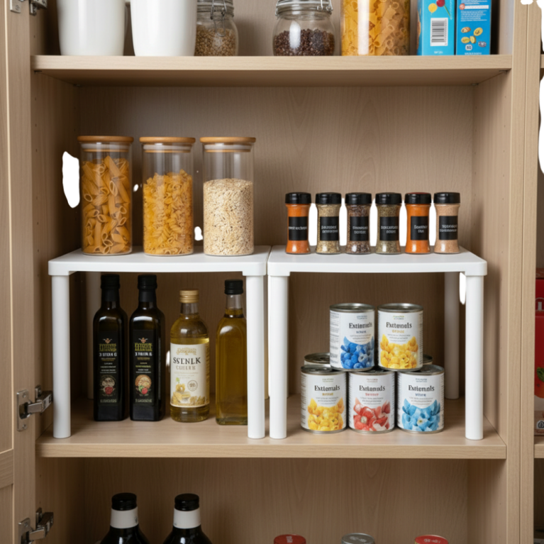 Pantry Shelf Space Saving Cabinet Riser Storage